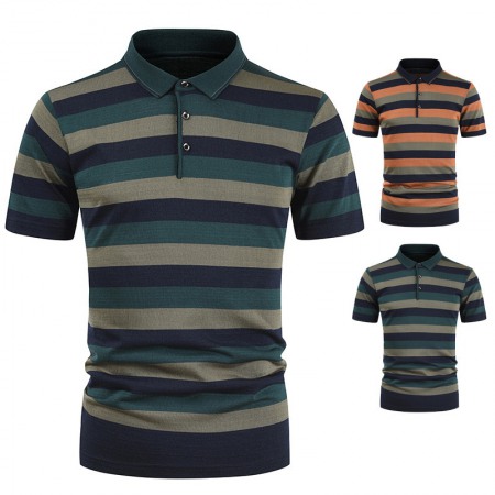 Summer New Men's Casual Loose T-Shirt Striped Color Matching Pocket Short Sleeve